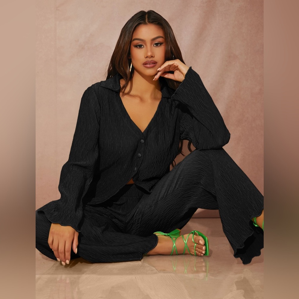 2 Piece Linen Long Sleeve Button Down Shirt + Flare Pleated Wide Leg Pants Set